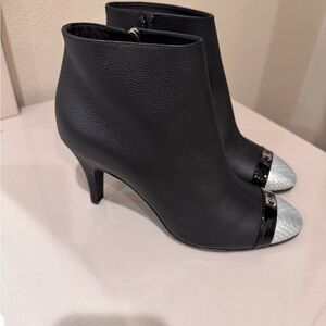 CHANEL Black Heeled Boots with Silver Toe